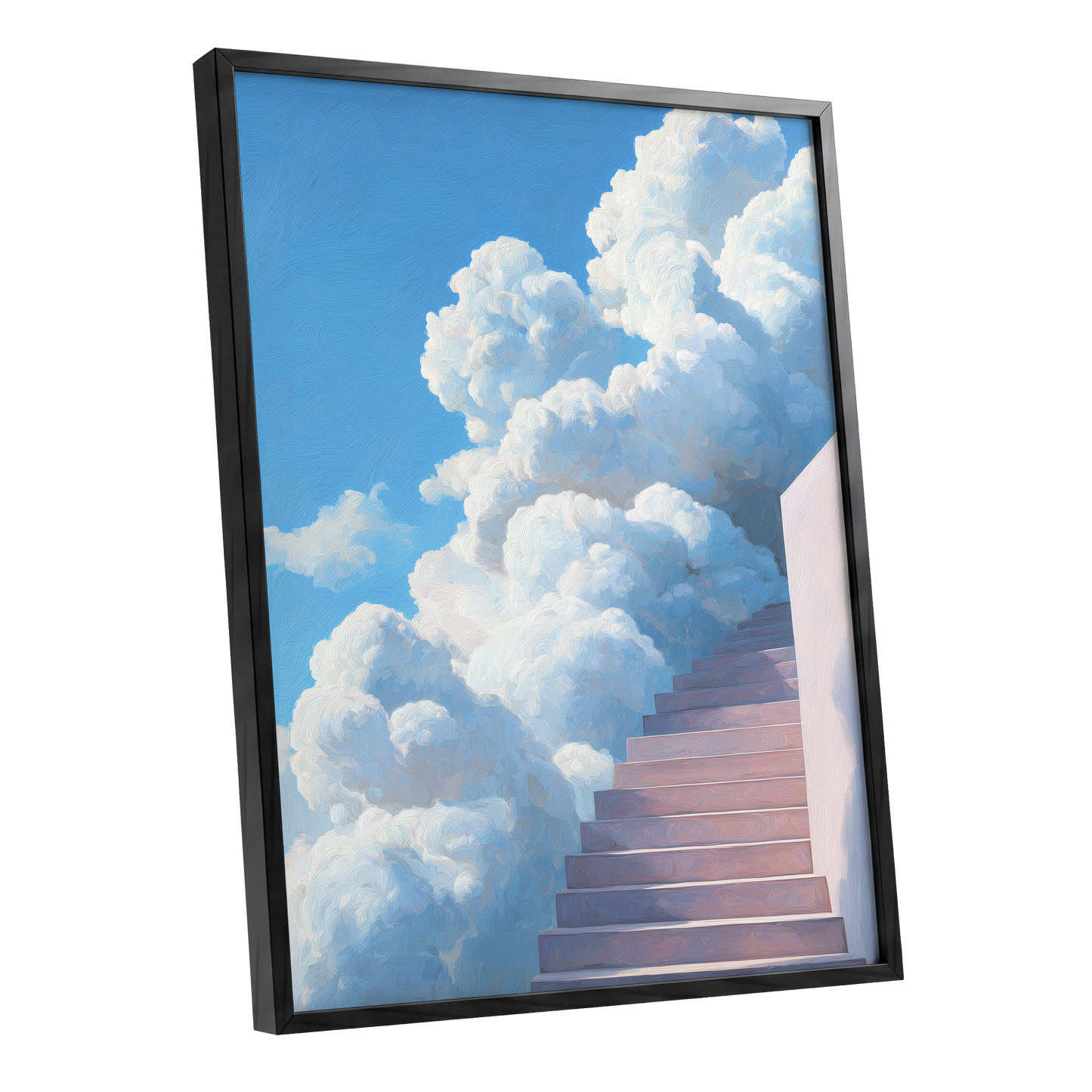 Steps Into Daylight, blue, white, pink nature wall art shown as a black framed poster wall art print
