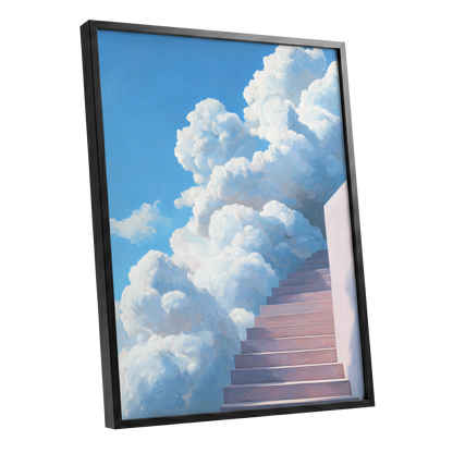Steps Into Daylight, blue, white, pink nature wall art shown as a black framed poster wall art print