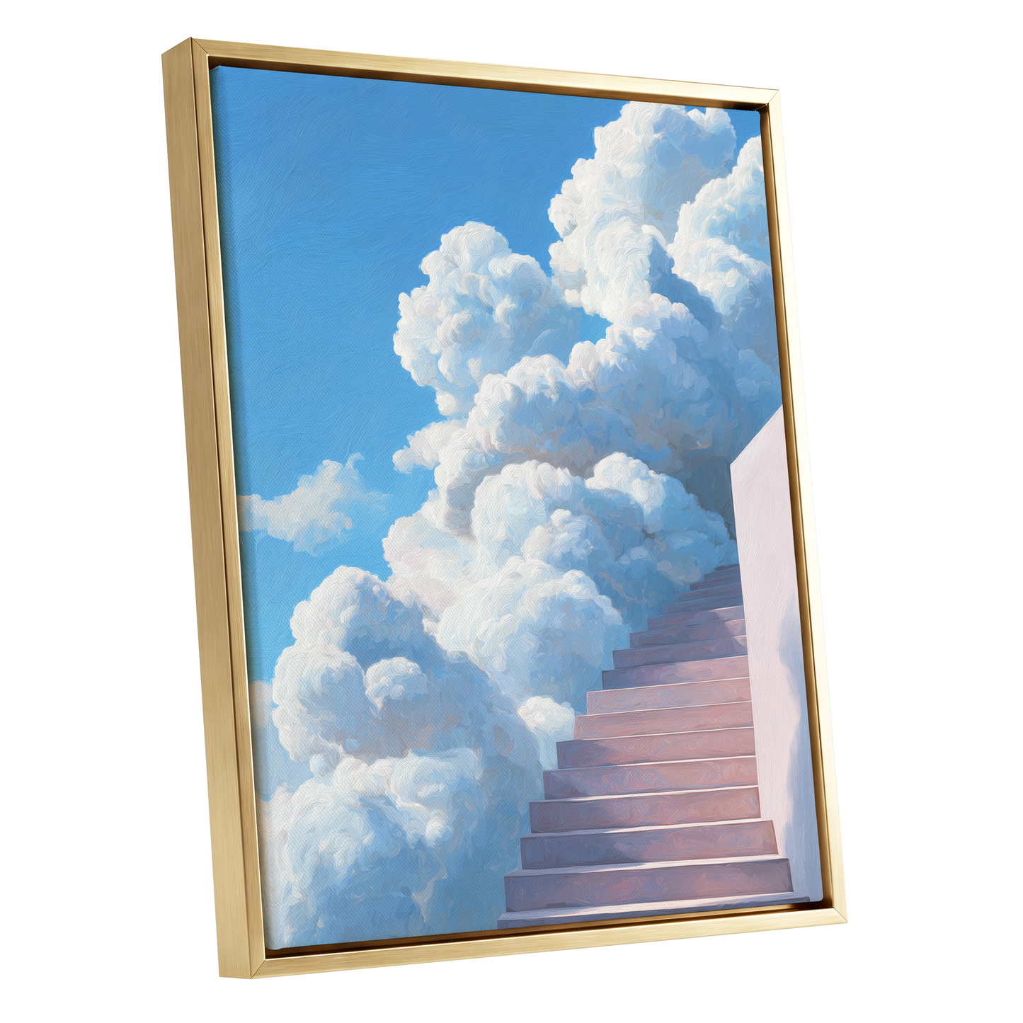 Steps Into Daylight, blue, white, pink nature wall art shown as a gold framed canvas wall art