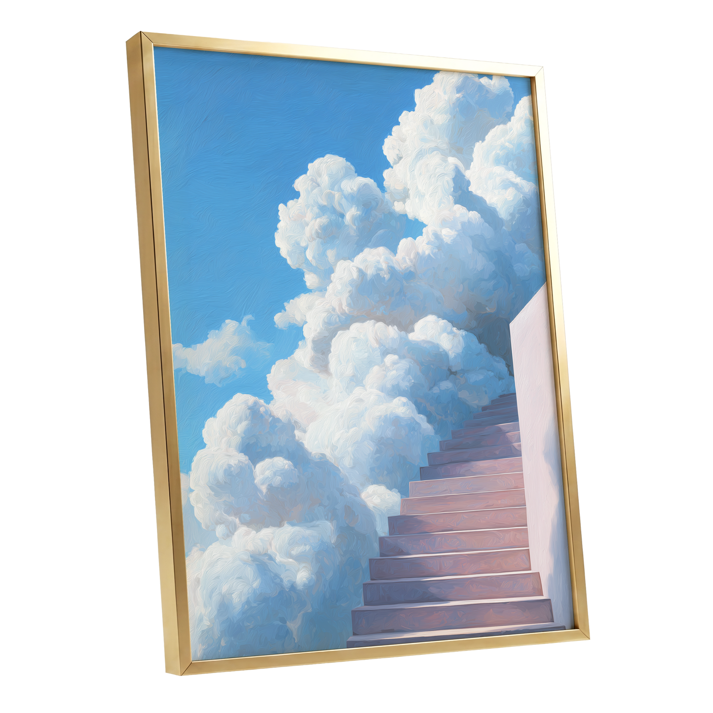 Steps Into Daylight, blue, white, pink nature wall art shown as a gold framed poster wall art print