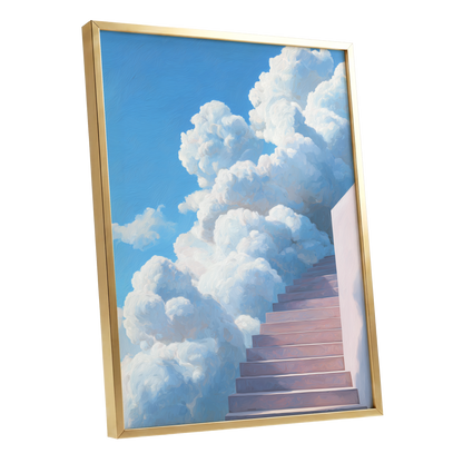 Steps Into Daylight, blue, white, pink nature wall art shown as a gold framed poster wall art print