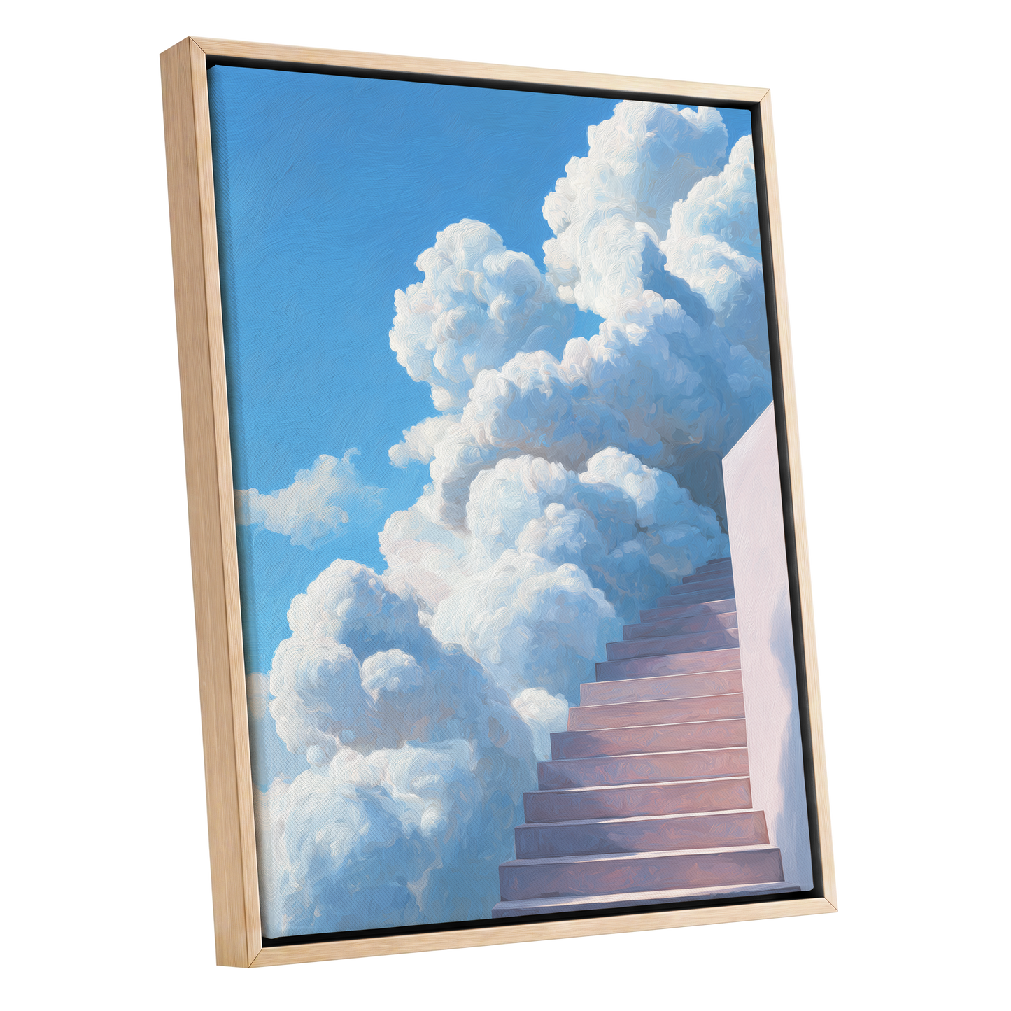 Steps Into Daylight, blue, white, pink nature wall art shown as a oak framed canvas wall art