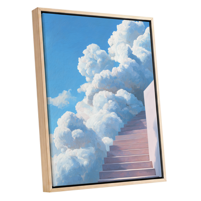Steps Into Daylight, blue, white, pink nature wall art shown as a oak framed canvas wall art