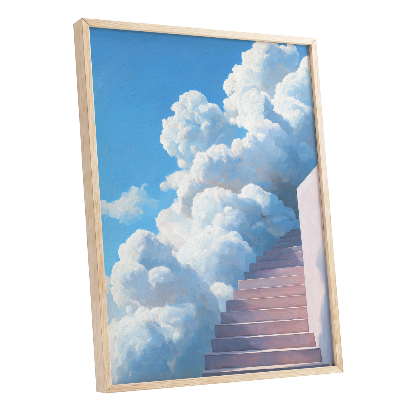 Steps Into Daylight, blue, white, pink nature wall art shown as a oak framed poster wall art print