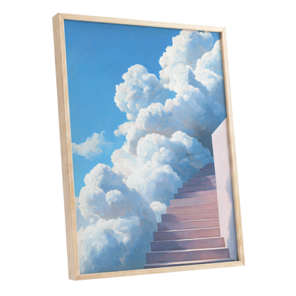 Steps Into Daylight, blue, white, pink nature wall art shown as a oak framed poster wall art print