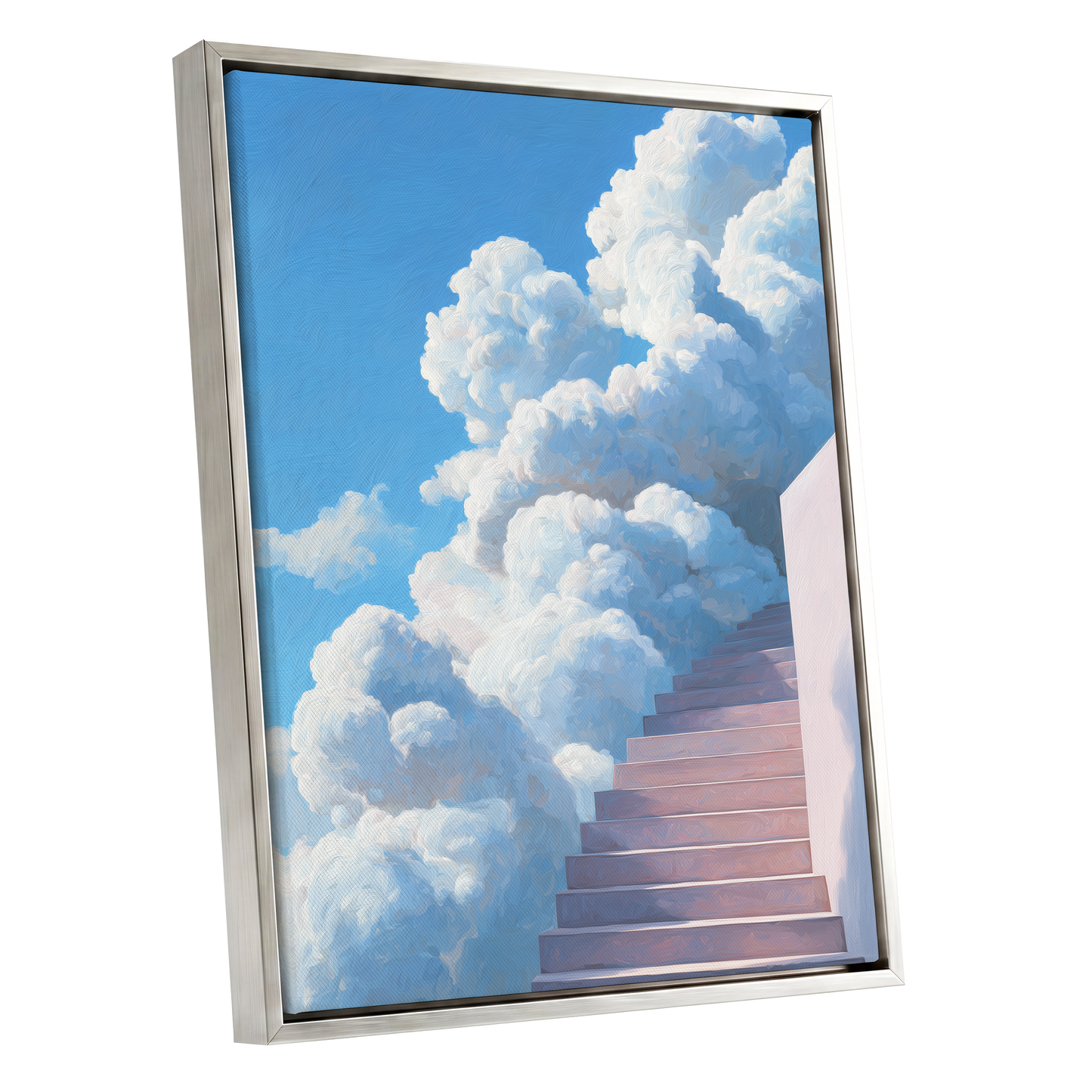 Steps Into Daylight, blue, white, pink nature wall art shown as a silver framed canvas wall art