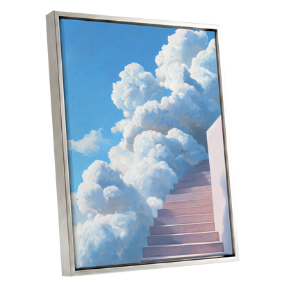 Steps Into Daylight, blue, white, pink nature wall art shown as a silver framed canvas wall art
