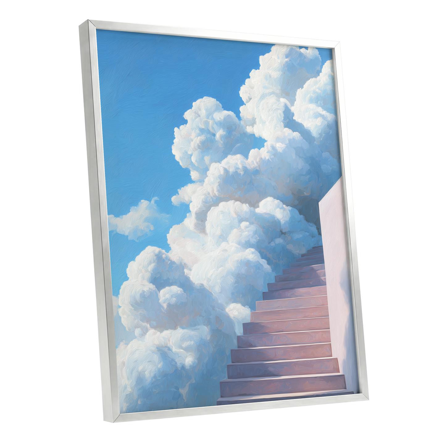 Steps Into Daylight, blue, white, pink nature wall art shown as a silver framed poster wall art print