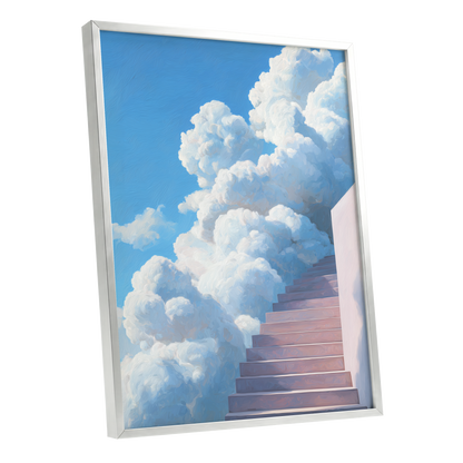 Steps Into Daylight, blue, white, pink nature wall art shown as a silver framed poster wall art print