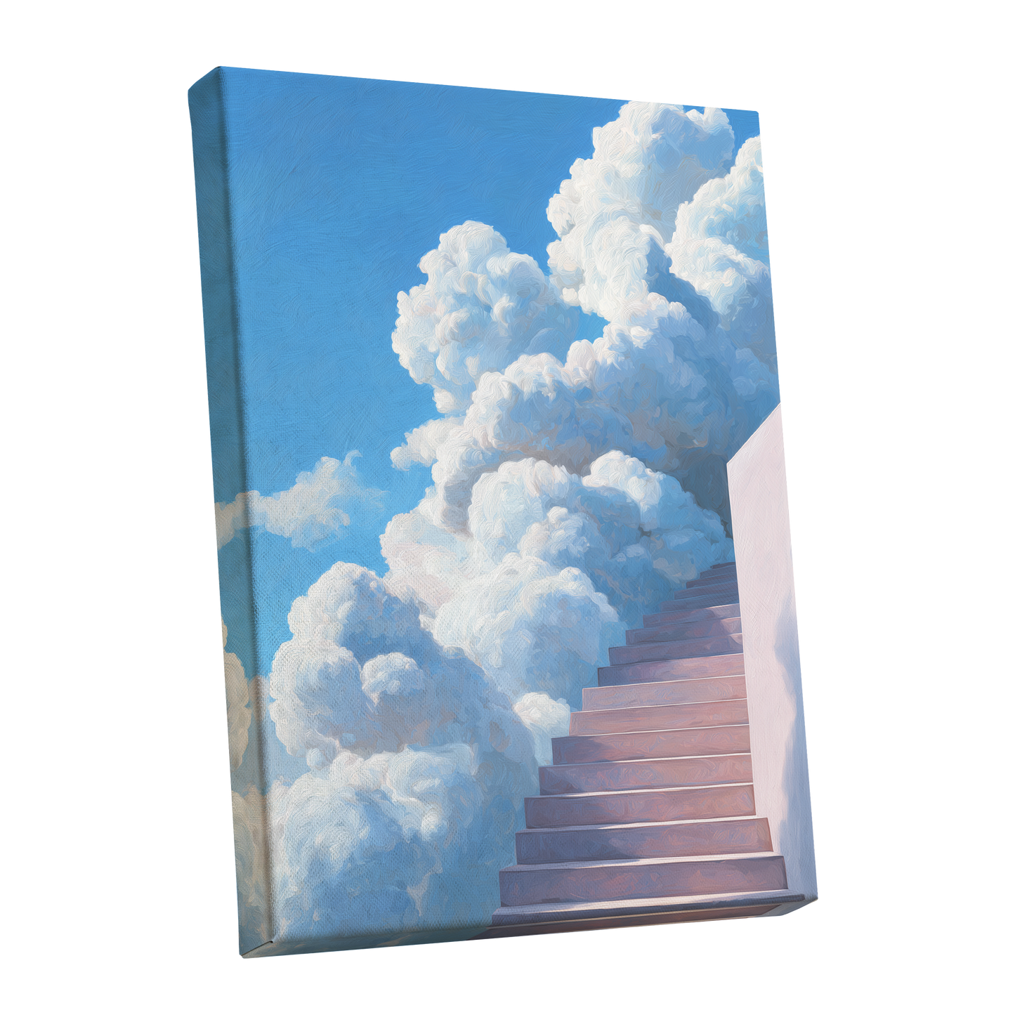 Steps Into Daylight, blue, white, pink nature wall art shown as a stretched canvas wall art