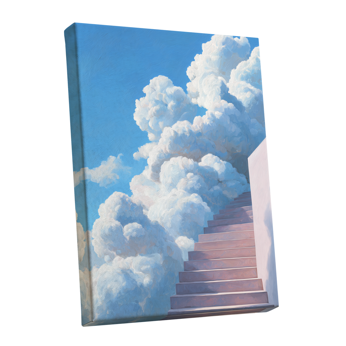 Steps Into Daylight, blue, white, pink nature wall art shown as a stretched canvas wall art