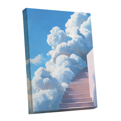 Steps Into Daylight, blue, white, pink nature wall art shown as a stretched canvas wall art