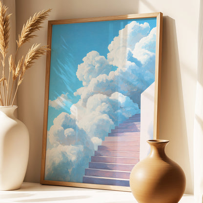 Steps Into Daylight, blue, white, pink nature wall art displayed in a styled interior, gallery view 2