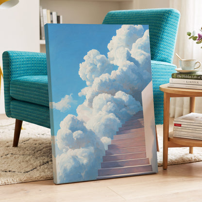 Steps Into Daylight, blue, white, pink nature wall art displayed in a styled interior, gallery view 3