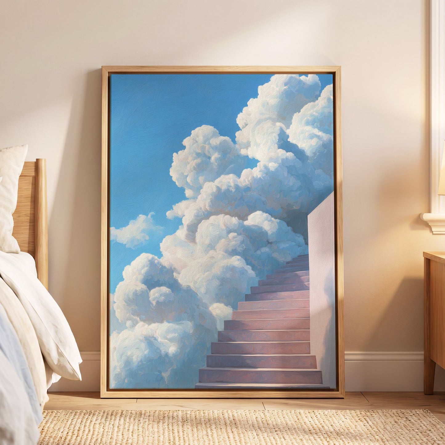 Steps Into Daylight, blue, white, pink nature wall art displayed in a styled interior, gallery view 4