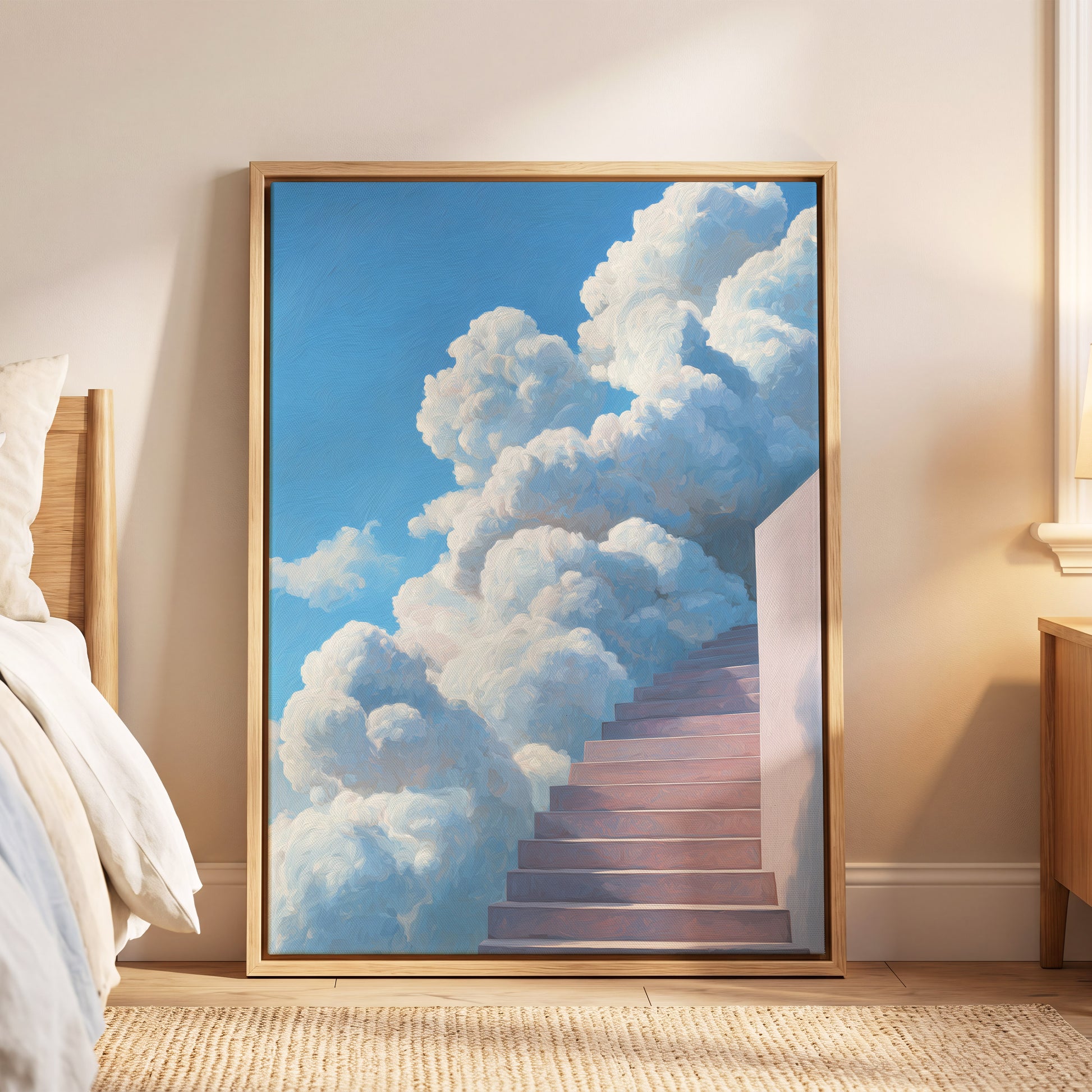 Steps Into Daylight, blue, white, pink nature wall art displayed in a styled interior, gallery view 4