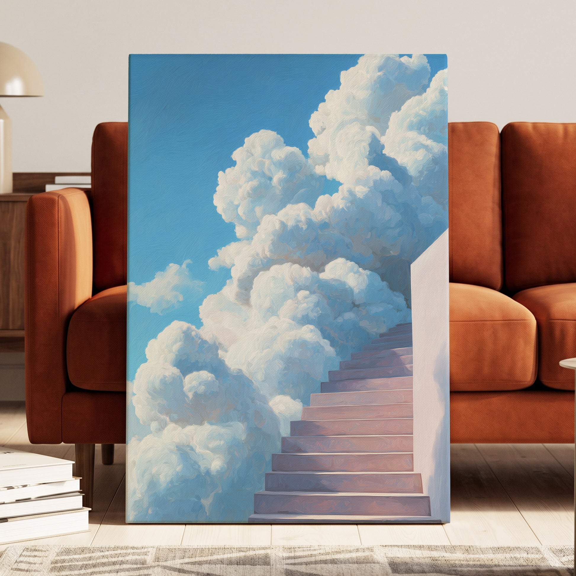 Steps Into Daylight, blue, white, pink nature wall art displayed in a styled interior, gallery view 7