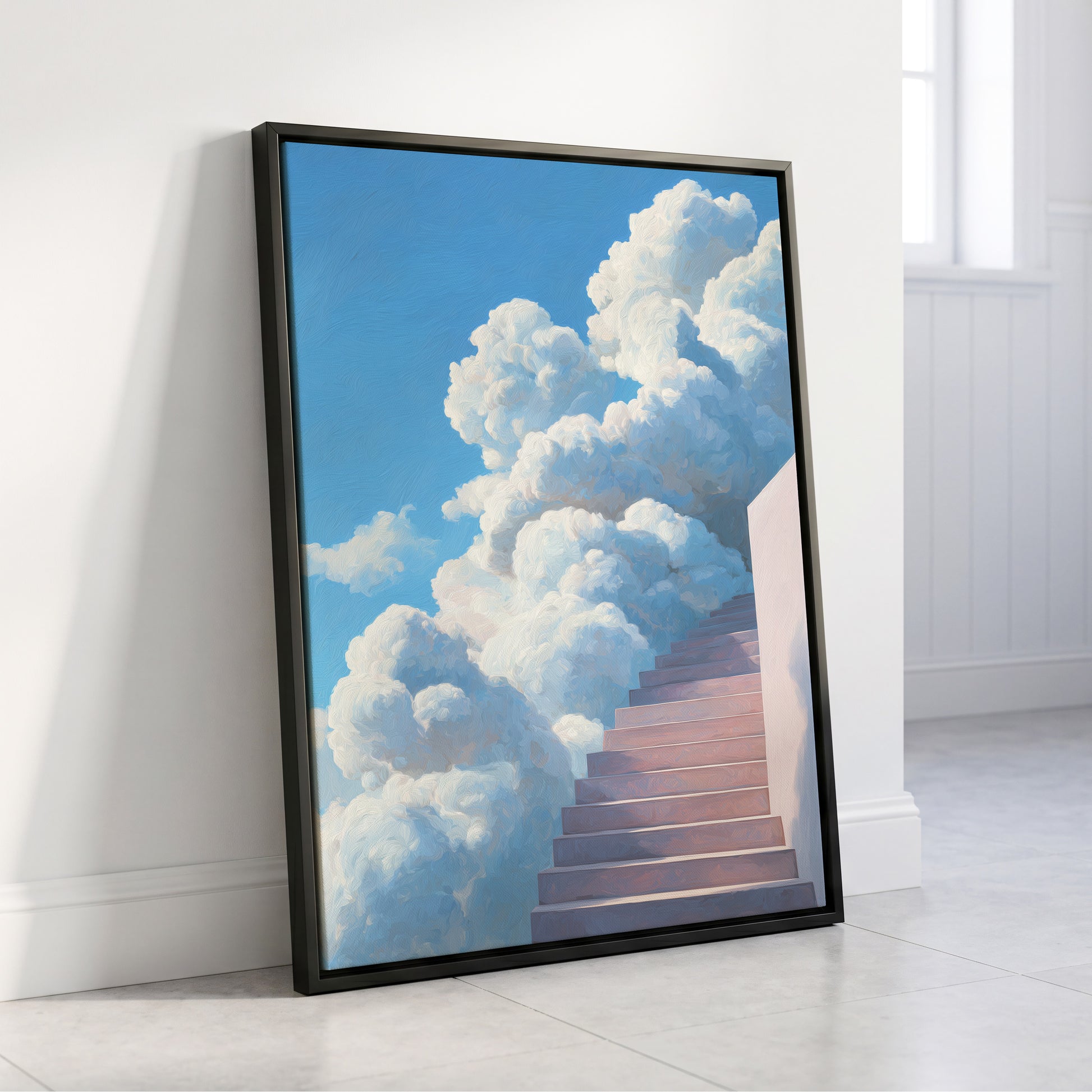 Steps Into Daylight, blue, white, pink nature wall art displayed in a styled interior, gallery view 8
