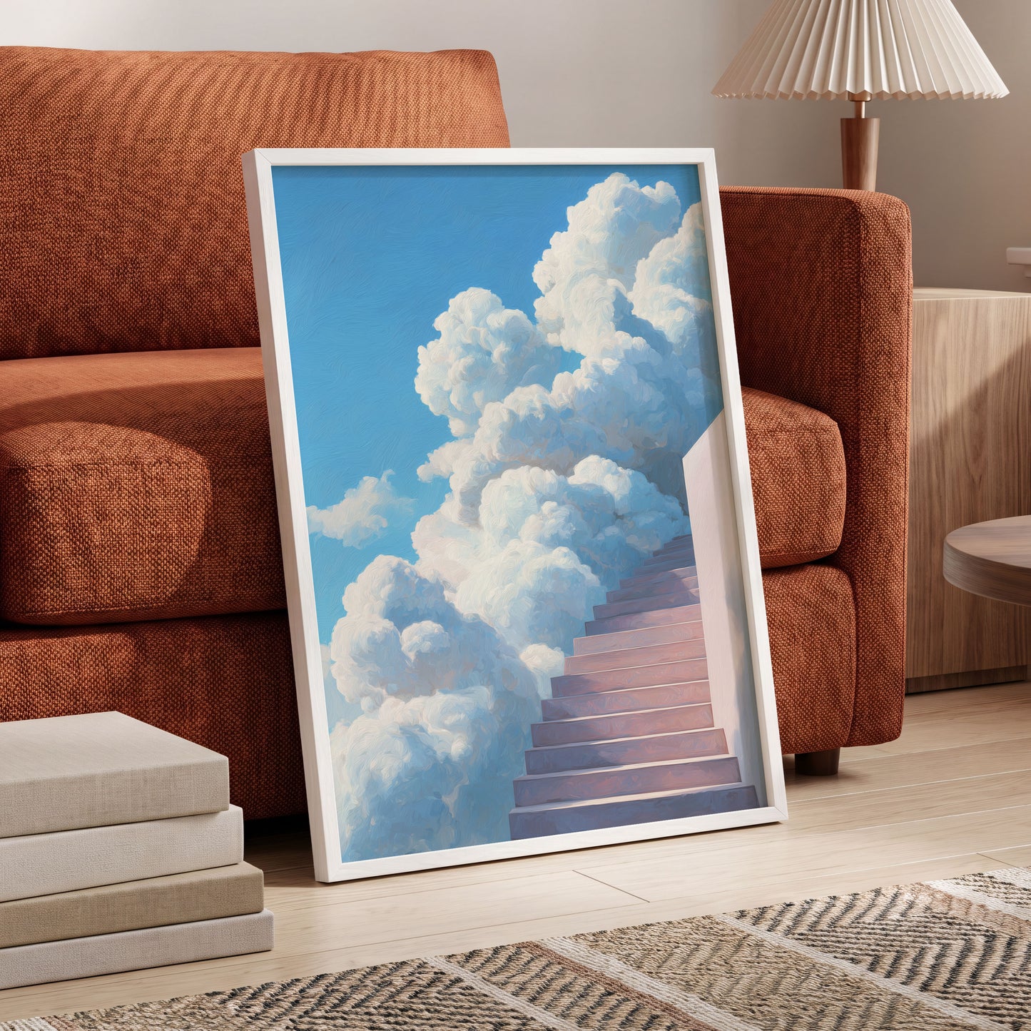 Steps Into Daylight, blue, white, pink nature wall art displayed in a styled interior, gallery view 9