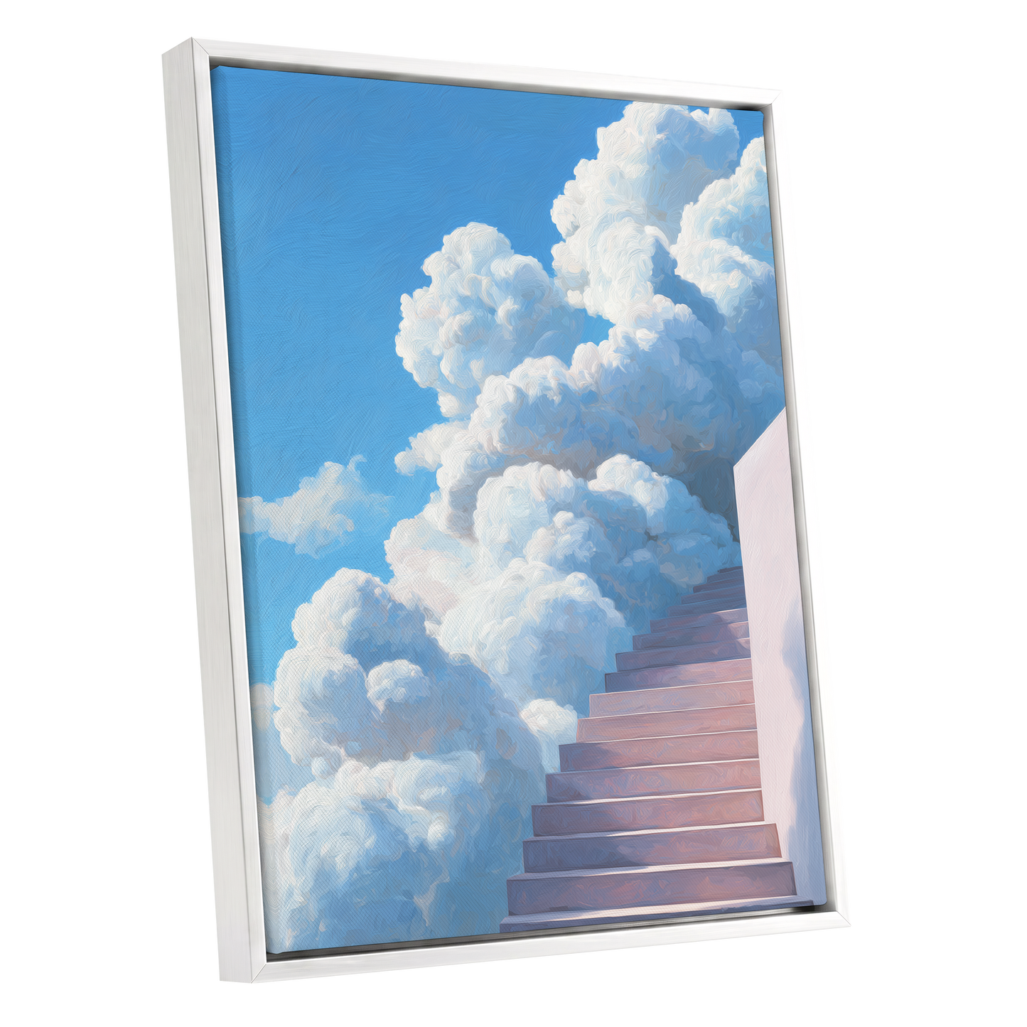 Steps Into Daylight, blue, white, pink nature wall art shown as a white framed canvas wall art