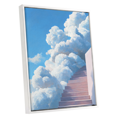 Steps Into Daylight, blue, white, pink nature wall art shown as a white framed canvas wall art