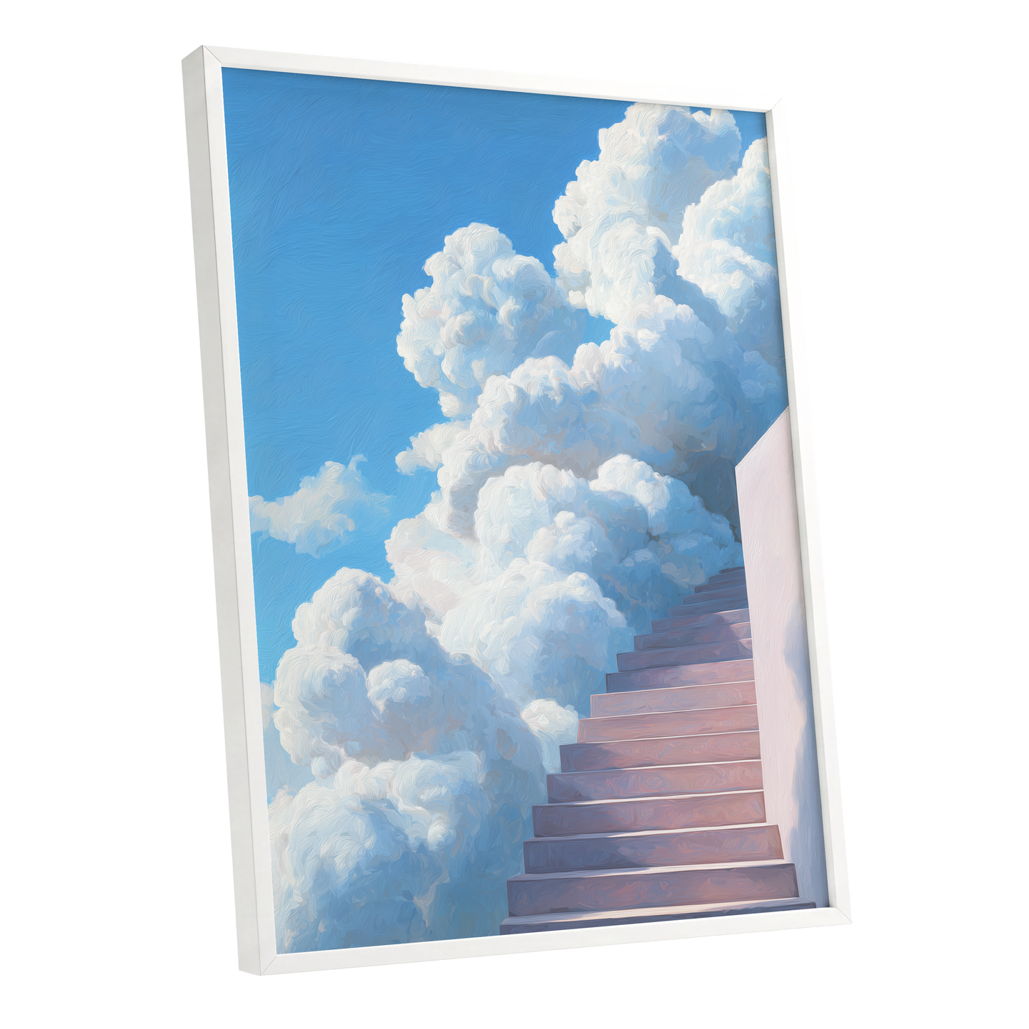 Steps Into Daylight, blue, white, pink nature wall art shown as a white framed poster wall art print