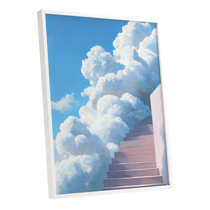 Steps Into Daylight, blue, white, pink nature wall art shown as a white framed poster wall art print