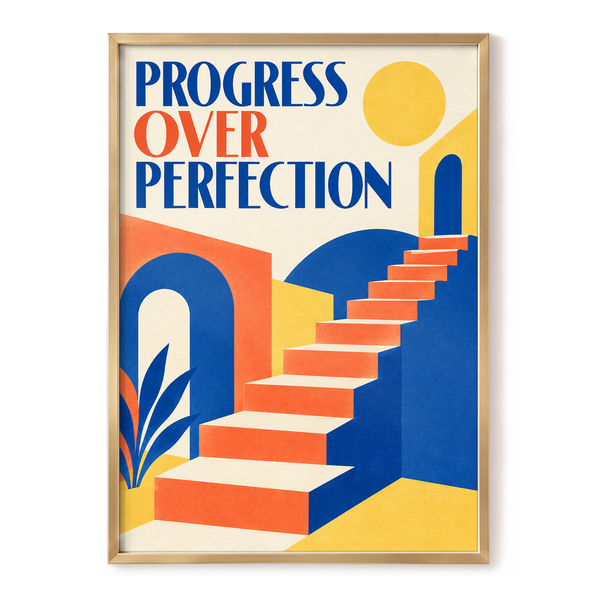 Steps Towards Progress, blue, orange, yellow abstract wall art, front artwork view