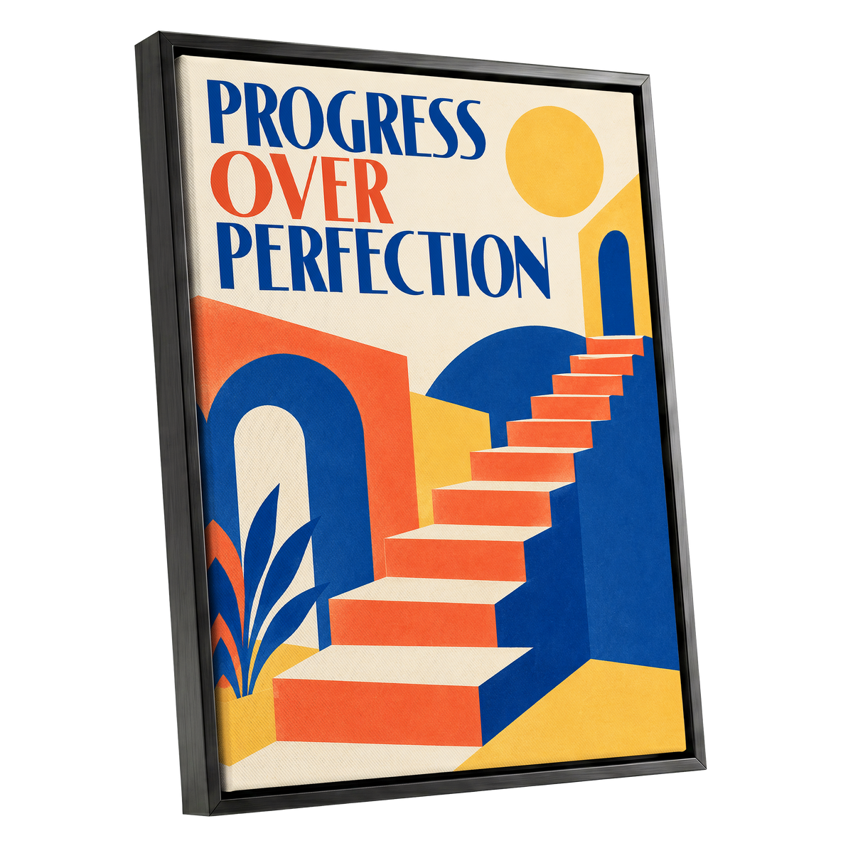 Steps Towards Progress, blue, orange, yellow abstract wall art shown as a black framed canvas wall art