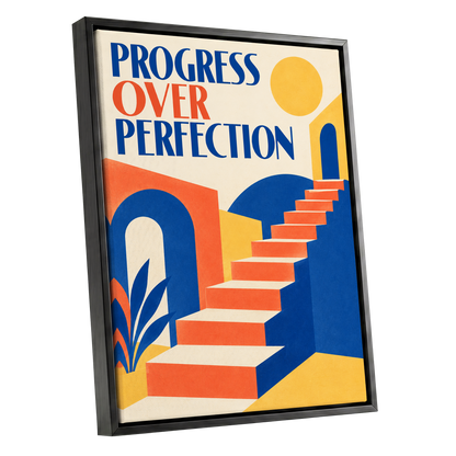 Steps Towards Progress, blue, orange, yellow abstract wall art shown as a black framed canvas wall art