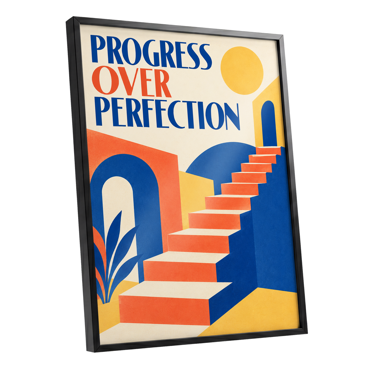 Steps Towards Progress, blue, orange, yellow abstract wall art shown as a black framed poster wall art print