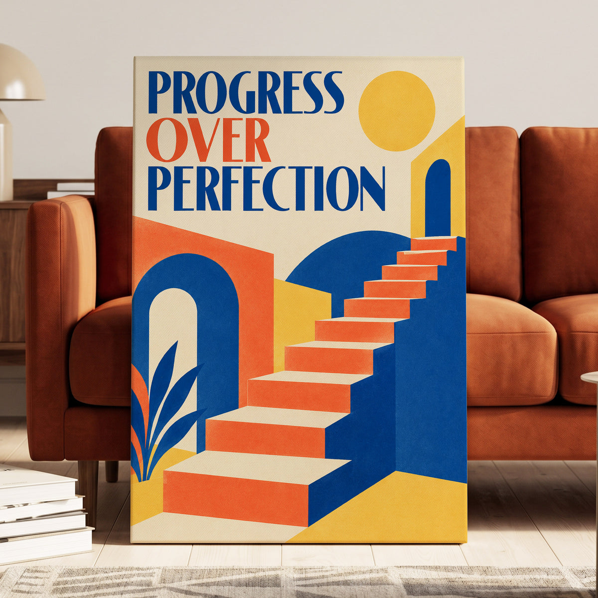 Steps Towards Progress, blue, orange, yellow abstract wall art on canvas displayed in a styled interior, gallery view 1