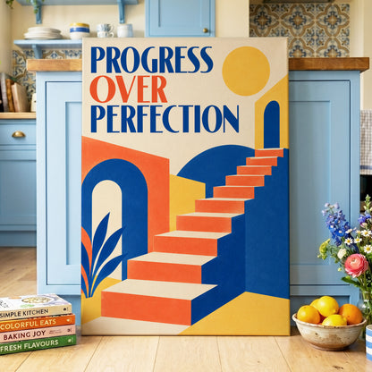 Steps Towards Progress, blue, orange, yellow abstract wall art on canvas displayed in a styled interior, gallery view 2