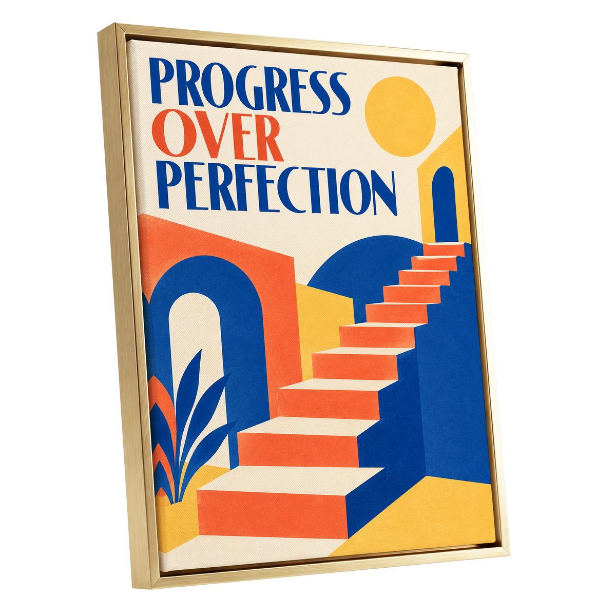 Steps Towards Progress, blue, orange, yellow abstract wall art shown as a gold framed canvas wall art