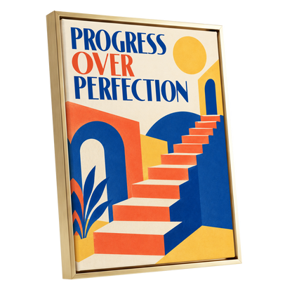 Steps Towards Progress, blue, orange, yellow abstract wall art shown as a gold framed canvas wall art