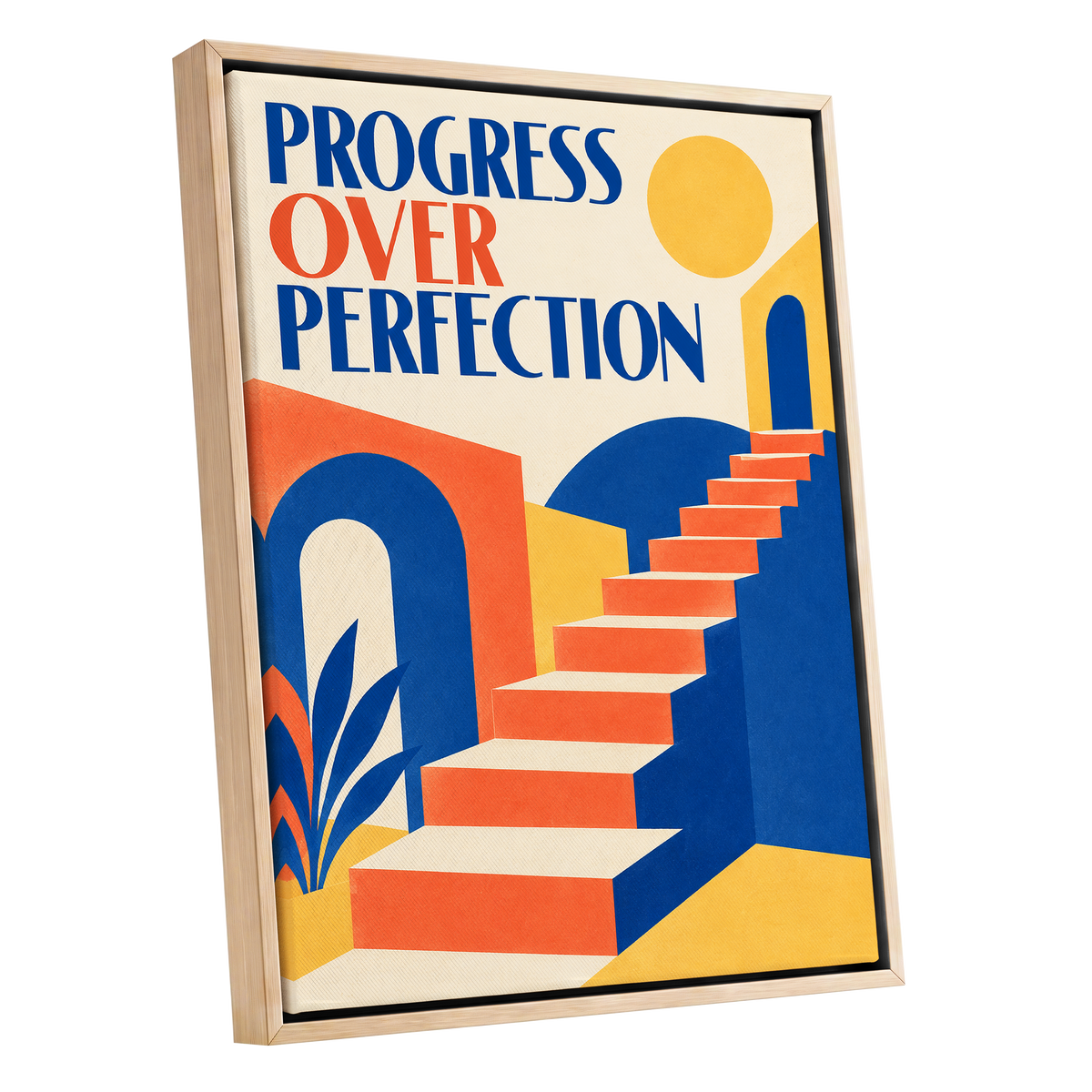 Steps Towards Progress, blue, orange, yellow abstract wall art shown as a oak framed canvas wall art