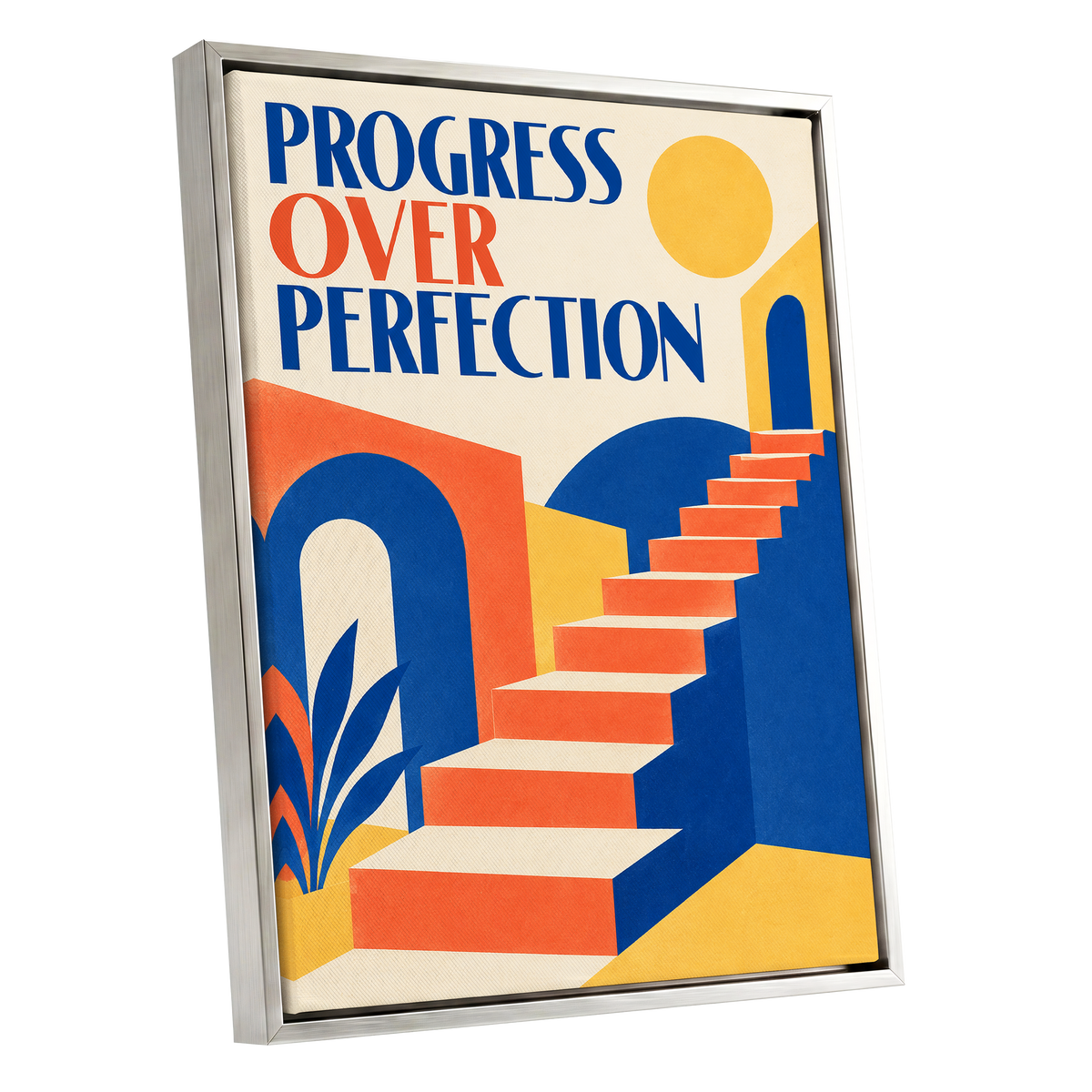 Steps Towards Progress, blue, orange, yellow abstract wall art shown as a silver framed canvas wall art