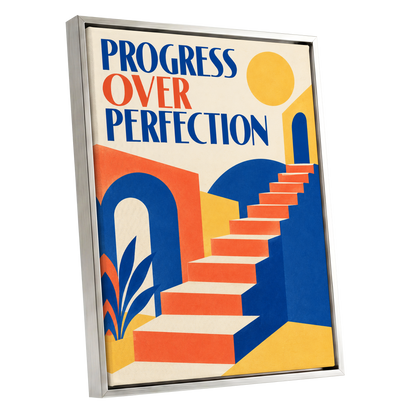 Steps Towards Progress, blue, orange, yellow abstract wall art shown as a silver framed canvas wall art