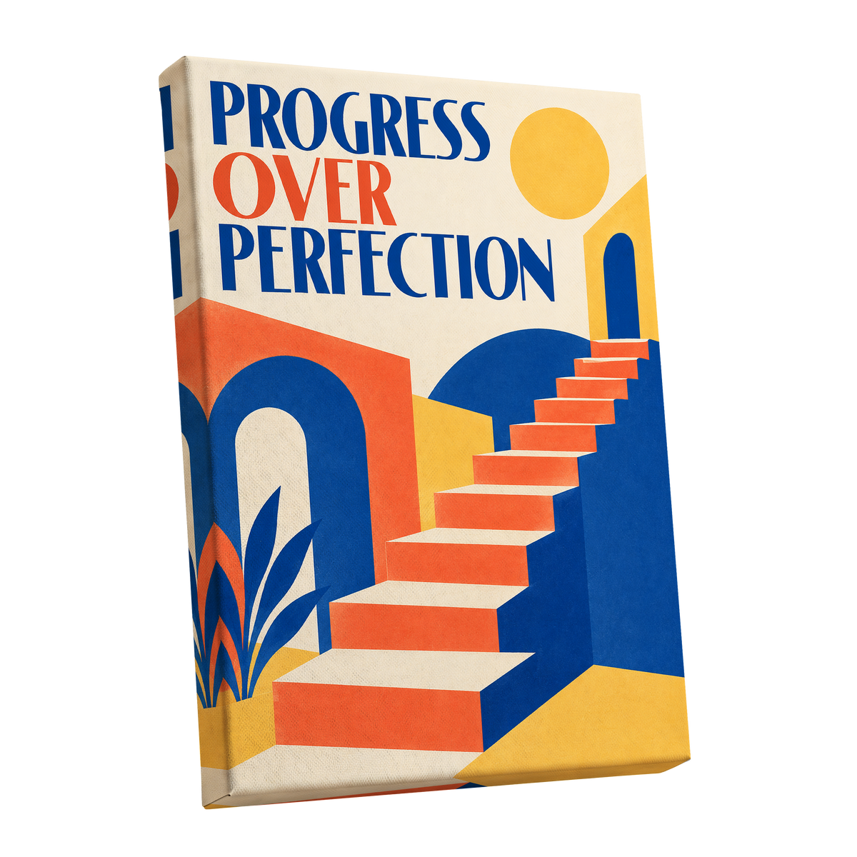 Steps Towards Progress, blue, orange, yellow abstract wall art shown as a stretched canvas wall art