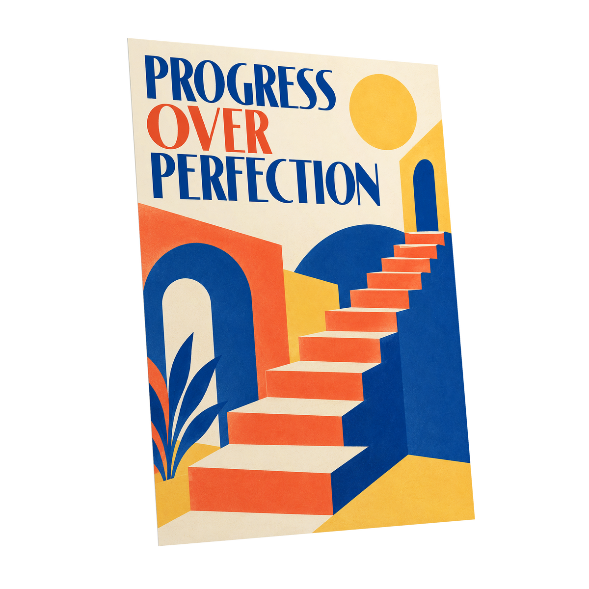Steps Towards Progress, blue, orange, yellow abstract wall art shown as a unframed poster wall art print
