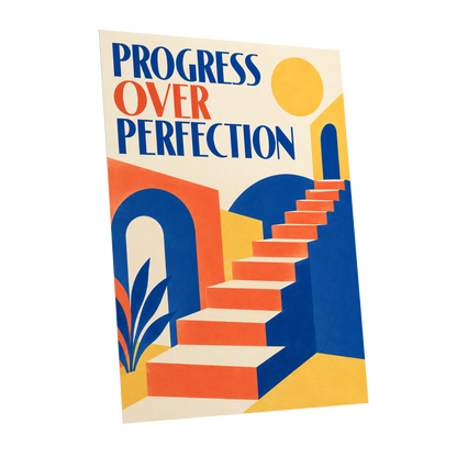 Steps Towards Progress, blue, orange, yellow abstract wall art shown as a unframed poster wall art print