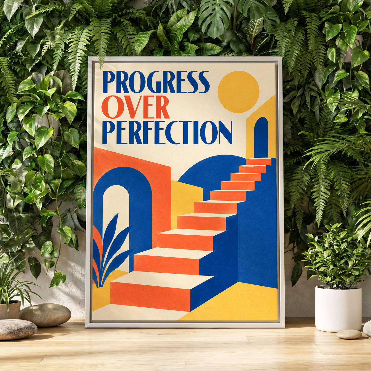 Steps Towards Progress, blue, orange, yellow abstract wall art displayed in a styled interior, gallery view 1