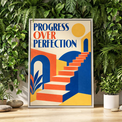 Steps Towards Progress, blue, orange, yellow abstract wall art displayed in a styled interior, gallery view 1