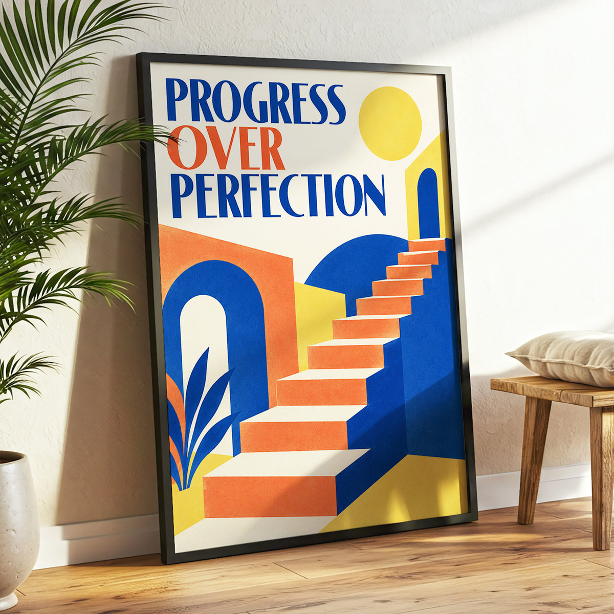 Steps Towards Progress, blue, orange, yellow abstract wall art displayed in a styled interior, gallery view 2