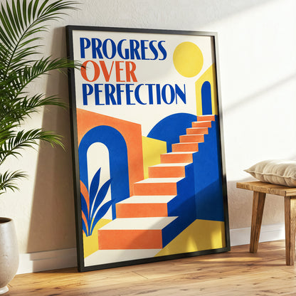 Steps Towards Progress, blue, orange, yellow abstract wall art displayed in a styled interior, gallery view 2