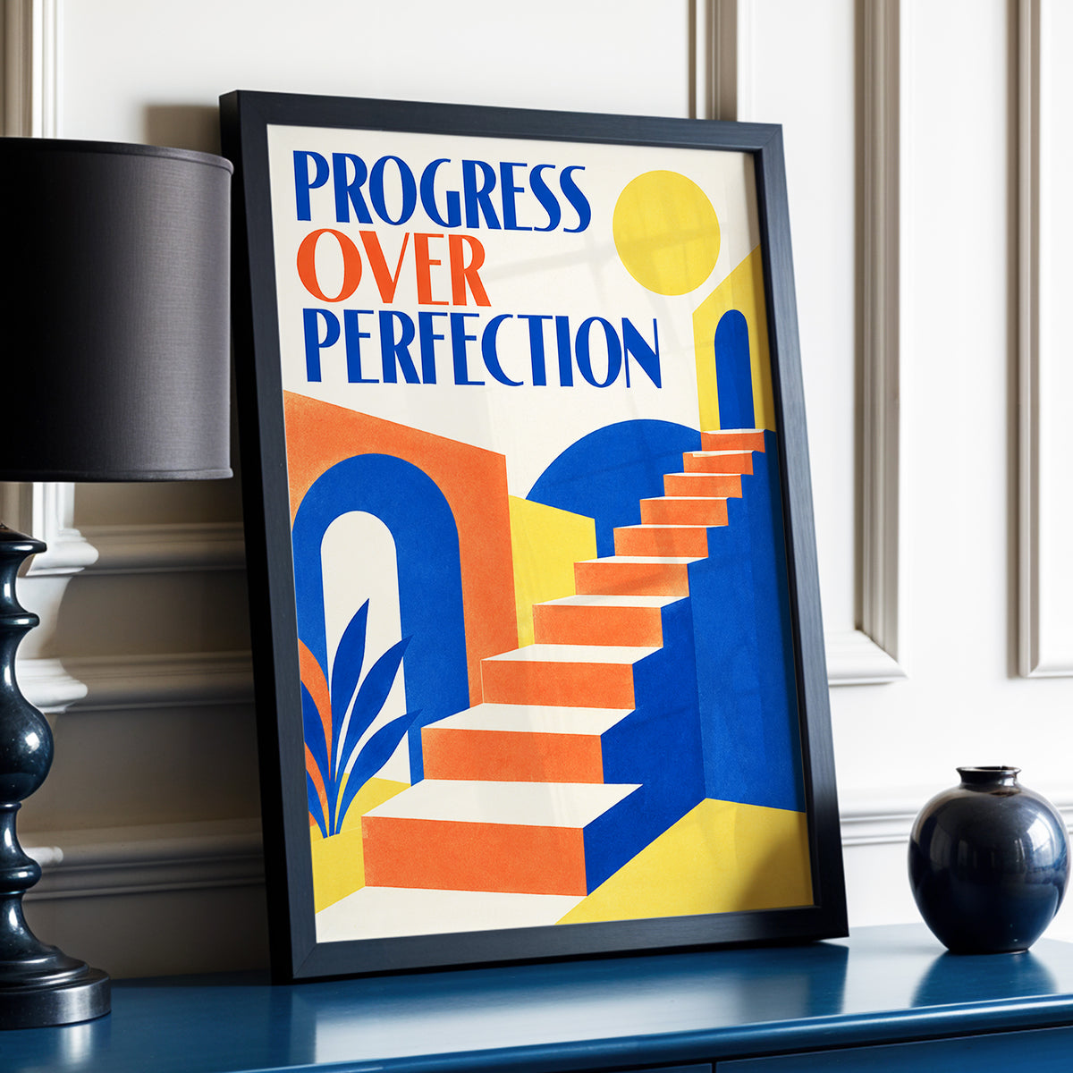 Steps Towards Progress, blue, orange, yellow abstract wall art displayed in a styled interior, gallery view 3