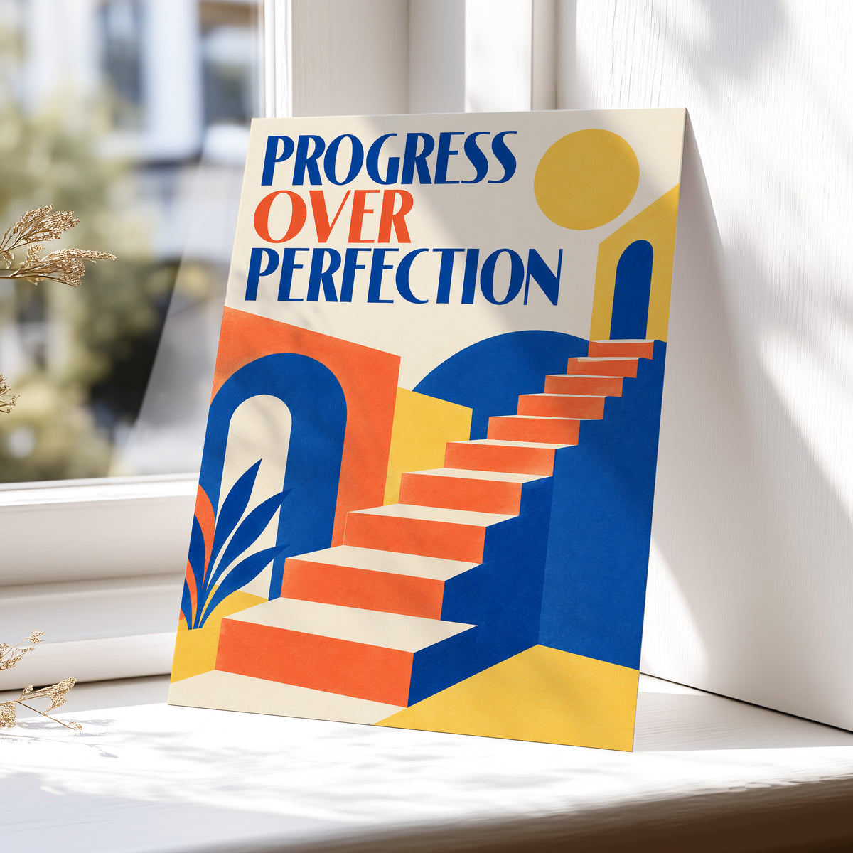 Steps Towards Progress, blue, orange, yellow abstract wall art displayed in a styled interior, gallery view 4