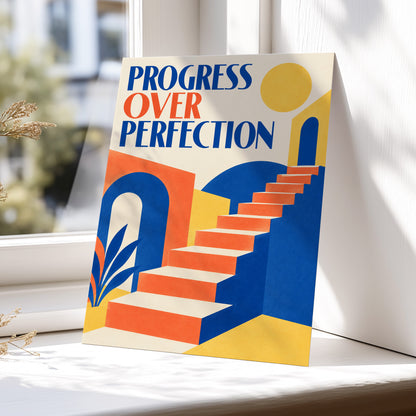 Steps Towards Progress, blue, orange, yellow abstract wall art displayed in a styled interior, gallery view 4