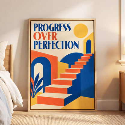 Steps Towards Progress, blue, orange, yellow abstract wall art displayed in a styled interior, gallery view 5