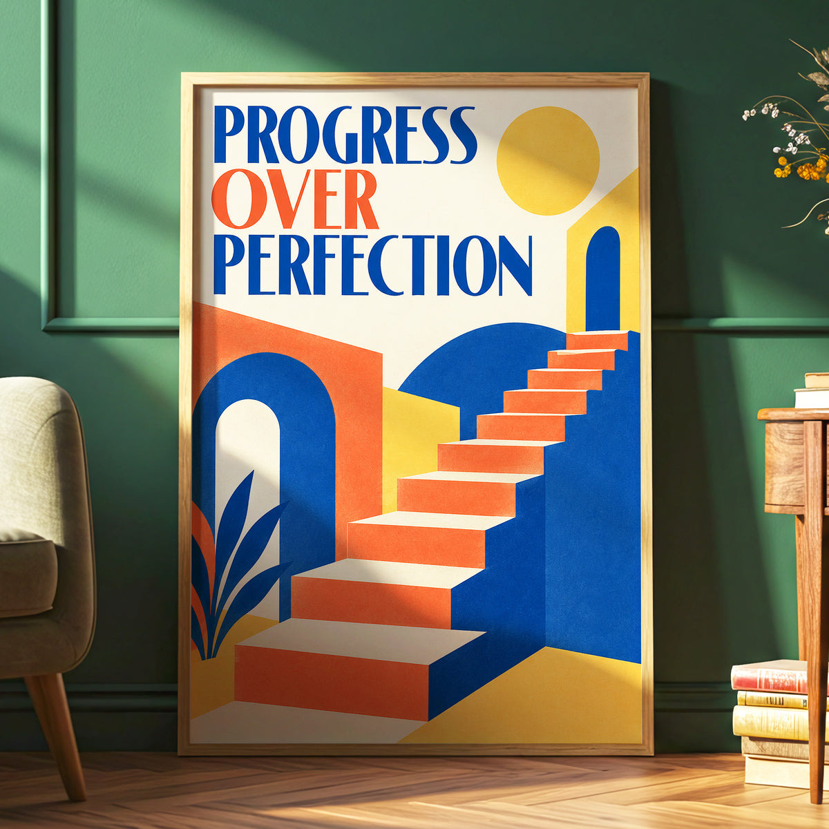 Steps Towards Progress, blue, orange, yellow abstract wall art displayed in a styled interior, gallery view 6